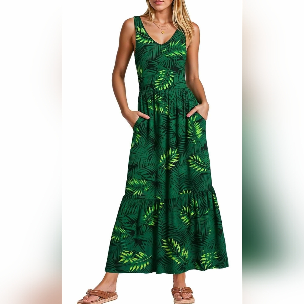 Green Tropical Print Maxi Dress - V-Neck